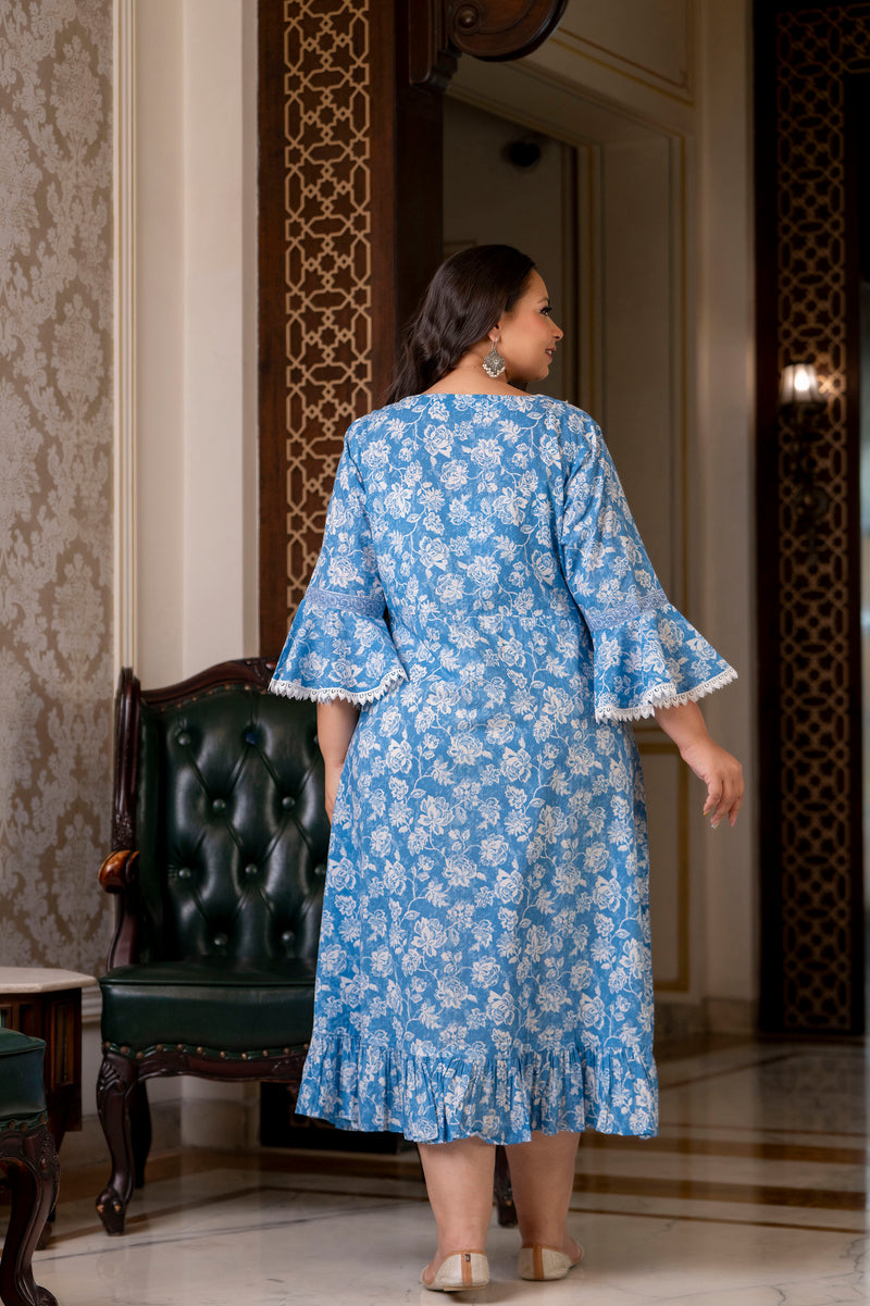 Cotton Printed Calf-Length Dress with Three Quarter Sleeves (Plus Size)