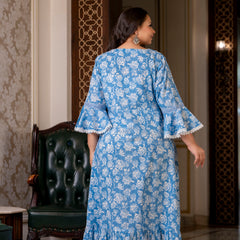 Cotton Printed Calf-Length Dress with Three Quarter Sleeves (Plus Size)