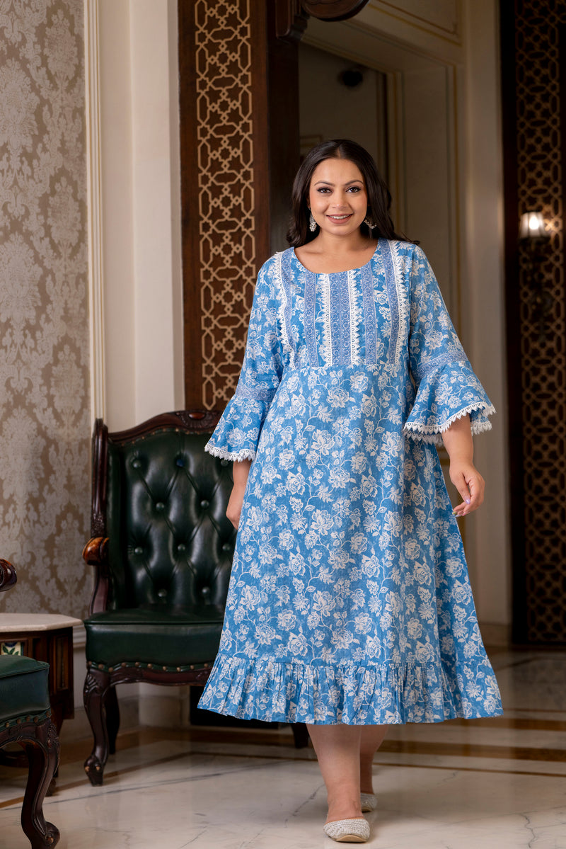 Cotton Printed Calf-Length Dress with Three Quarter Sleeves (Plus Size)
