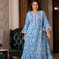 Cotton Printed Calf-Length Dress with Three Quarter Sleeves (Plus Size)