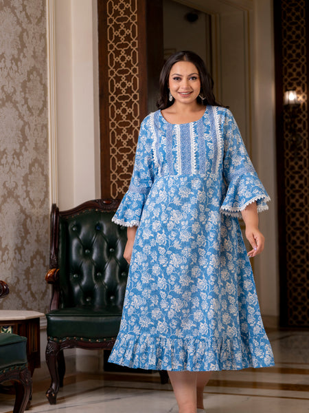 Cotton Printed Calf-Length Dress with Three Quarter Sleeves (Plus Size)
