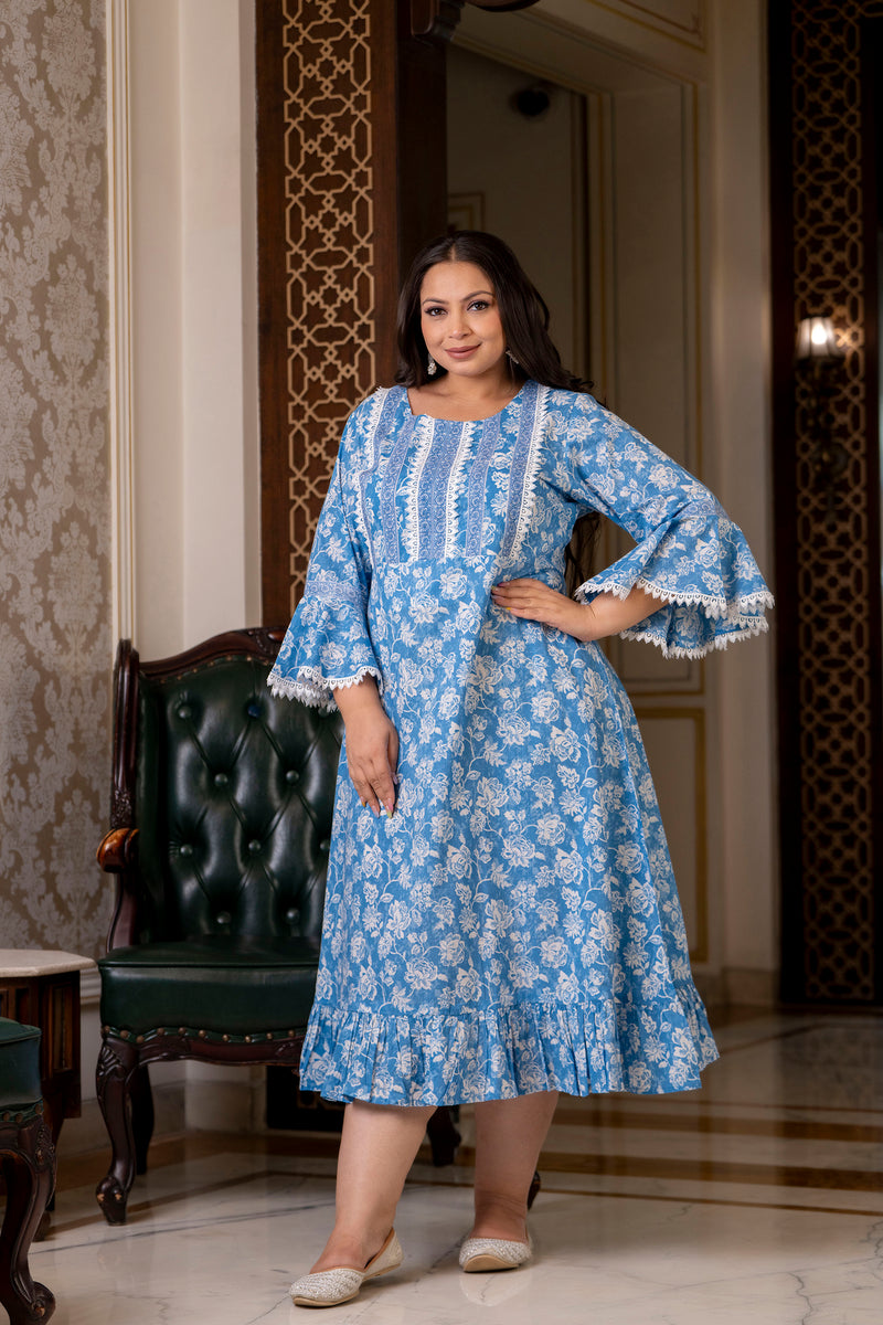 Cotton Printed Calf-Length Dress with Three Quarter Sleeves (Plus Size)