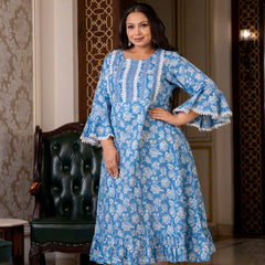 Cotton Printed Calf-Length Dress with Three Quarter Sleeves (Plus Size)
