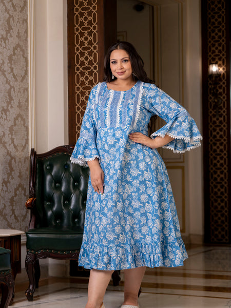 Cotton Printed Calf-Length Dress with Three Quarter Sleeves (Plus Size)
