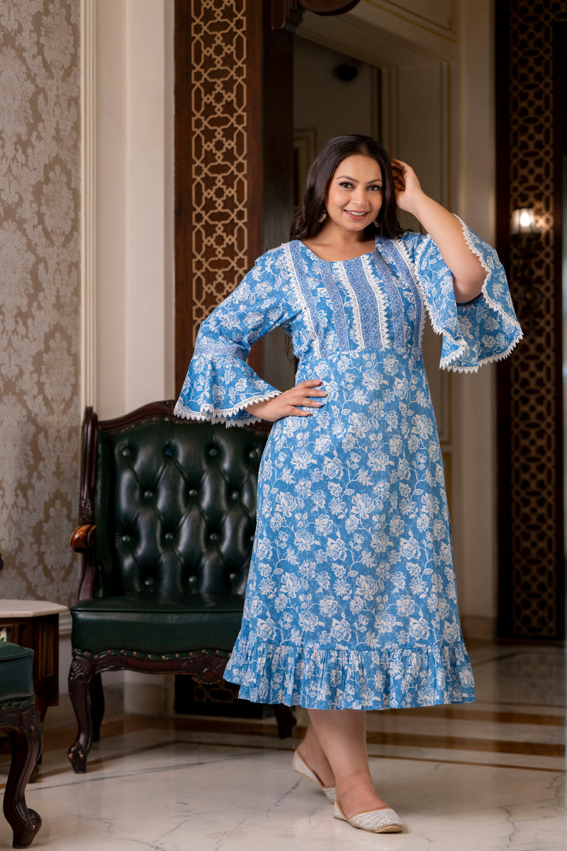Cotton Printed Calf-Length Dress with Three Quarter Sleeves (Plus Size)