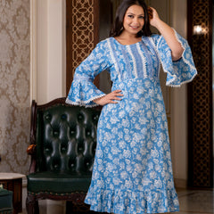 Cotton Printed Calf-Length Dress with Three Quarter Sleeves (Plus Size)