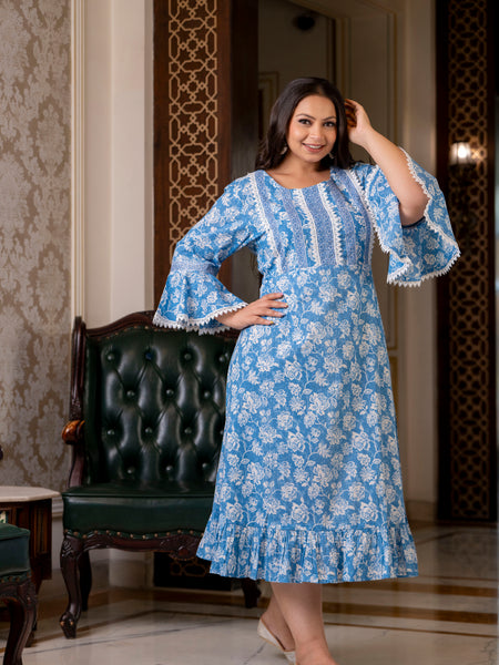 Cotton Printed Calf-Length Dress with Three Quarter Sleeves (Plus Size)