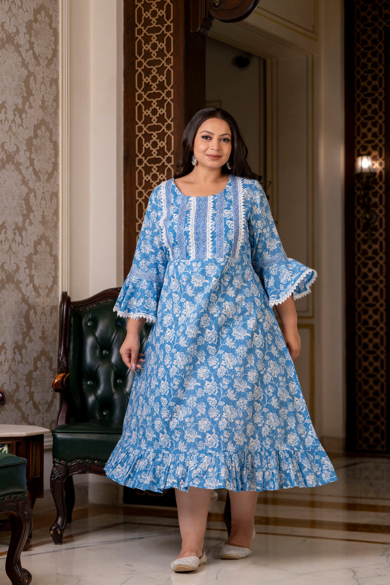 Cotton Printed Calf-Length Dress with Three Quarter Sleeves (Plus Size)