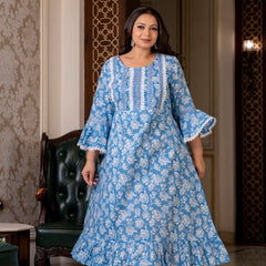 Cotton Printed Calf-Length Dress with Three Quarter Sleeves (Plus Size)