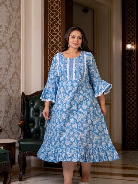 Cotton Printed Calf-Length Dress with Three Quarter Sleeves (Plus Size)