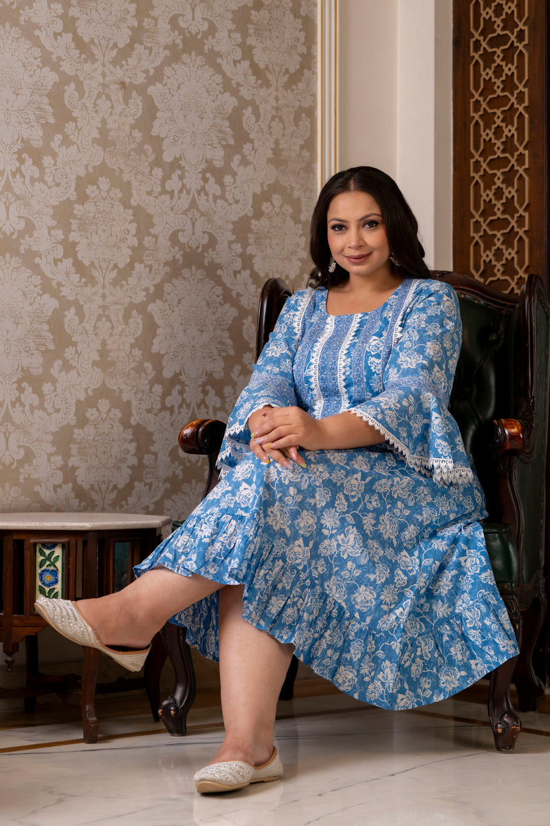 Cotton Printed Calf-Length Dress with Three Quarter Sleeves (Plus Size)