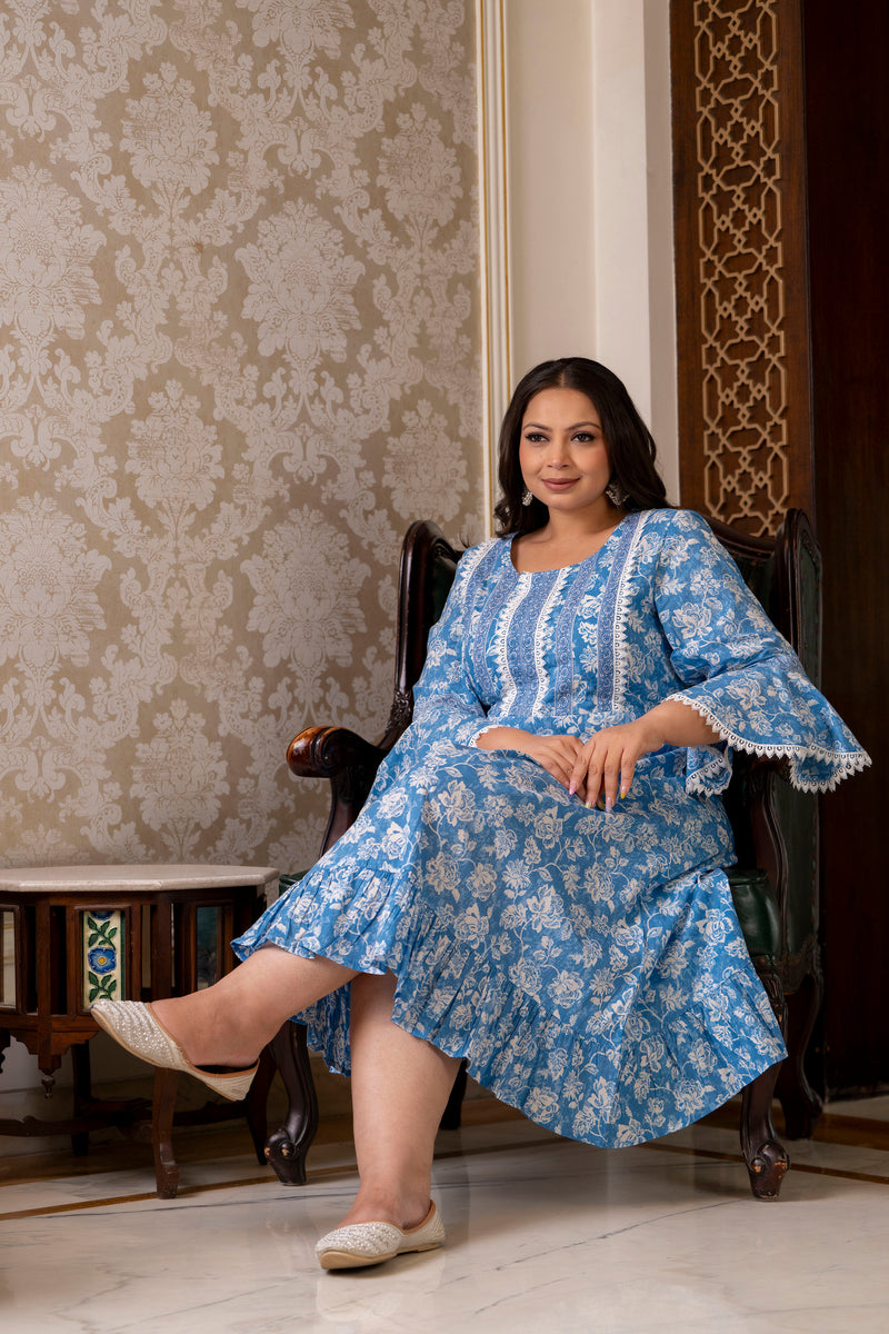 Cotton Printed Calf-Length Dress with Three Quarter Sleeves (Plus Size)
