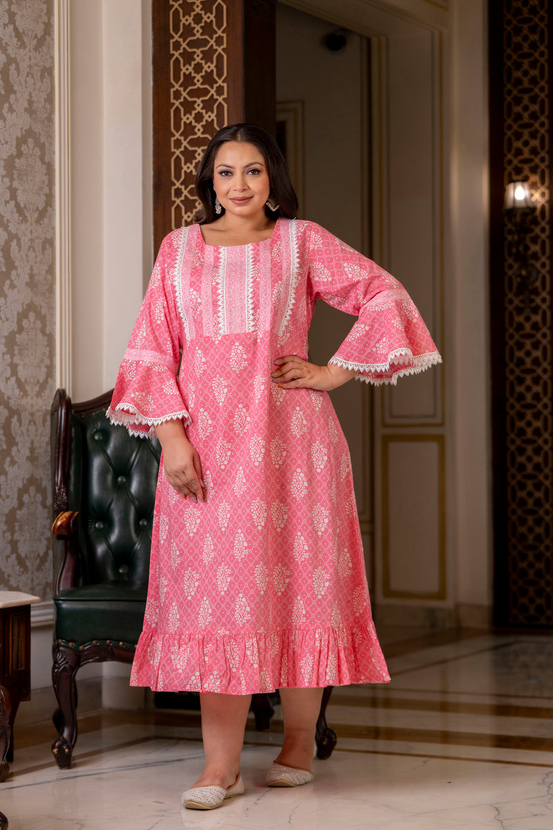 Cotton Printed Calf-Length Dress with Three Quarter Sleeves (Plus Size)