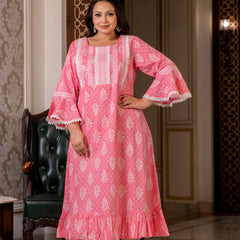 Cotton Printed Calf-Length Dress with Three Quarter Sleeves (Plus Size)