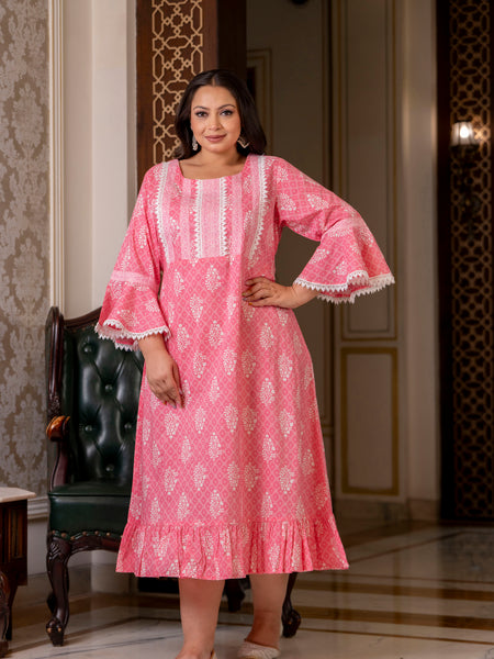 Cotton Printed Calf-Length Dress with Three Quarter Sleeves (Plus Size)