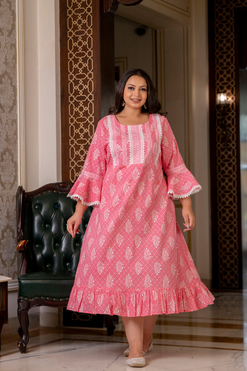 Cotton Printed Calf-Length Dress with Three Quarter Sleeves (Plus Size)