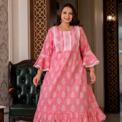 Cotton Printed Calf-Length Dress with Three Quarter Sleeves (Plus Size)