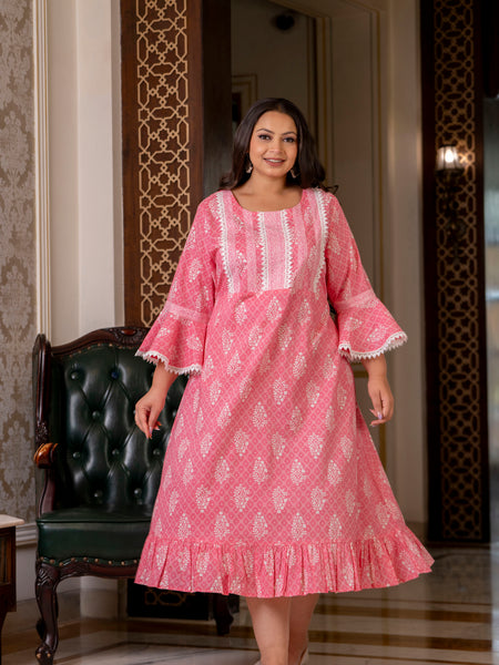 Cotton Printed Calf-Length Dress with Three Quarter Sleeves (Plus Size)