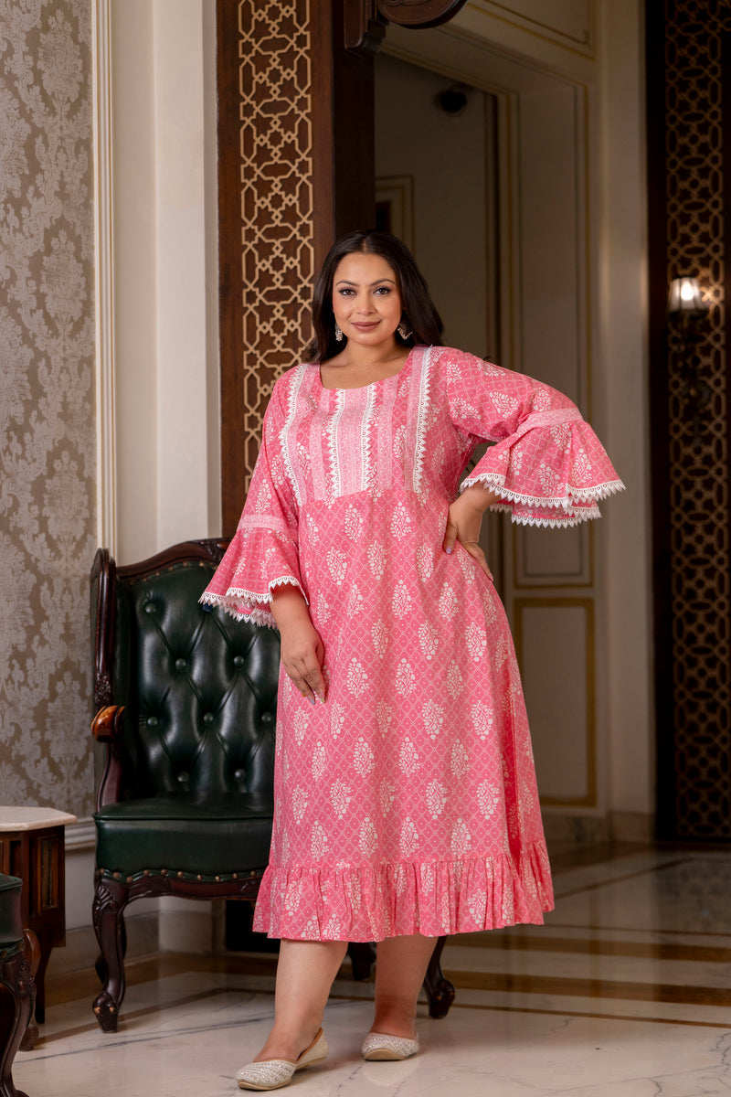 Cotton Printed Calf-Length Dress with Three Quarter Sleeves (Plus Size)