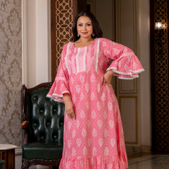 Cotton Printed Calf-Length Dress with Three Quarter Sleeves (Plus Size)