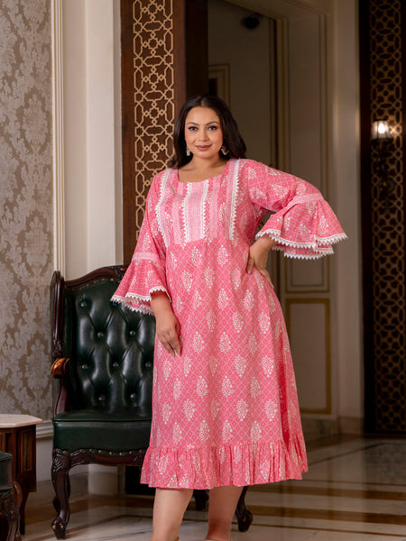 Cotton Printed Calf-Length Dress with Three Quarter Sleeves (Plus Size)