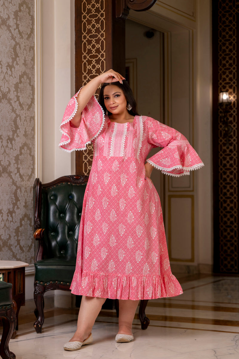Cotton Printed Calf-Length Dress with Three Quarter Sleeves (Plus Size)