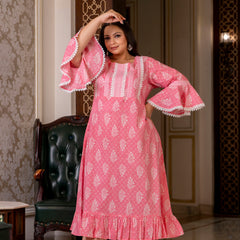 Cotton Printed Calf-Length Dress with Three Quarter Sleeves (Plus Size)
