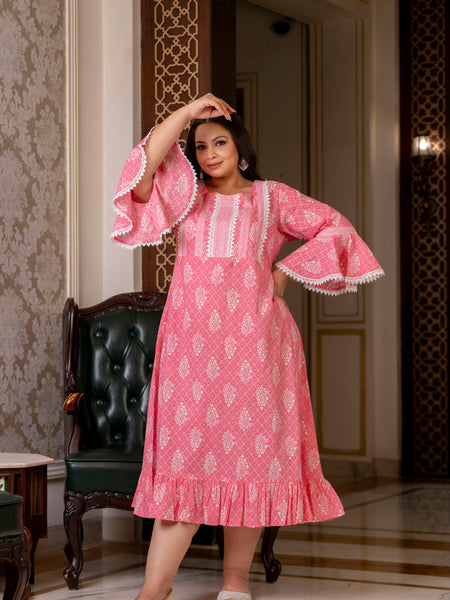 Cotton Printed Calf-Length Dress with Three Quarter Sleeves (Plus Size)