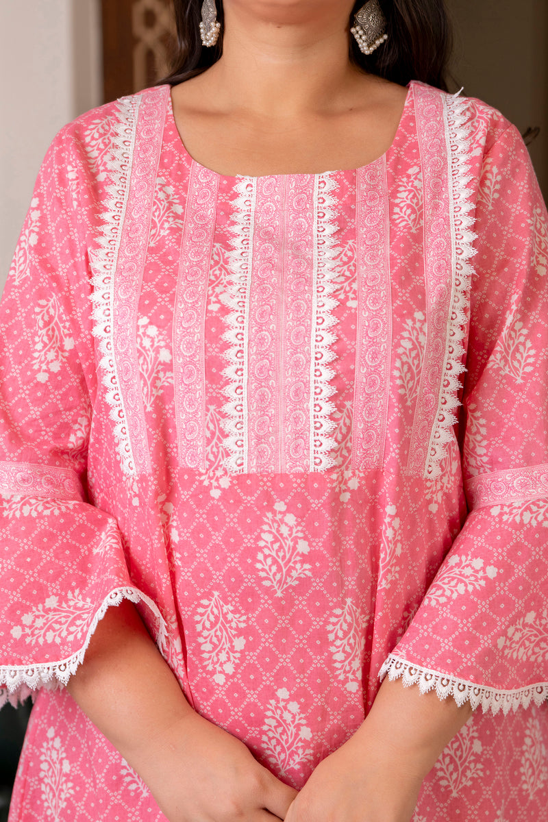 Cotton Printed Calf-Length Dress with Three Quarter Sleeves (Plus Size)