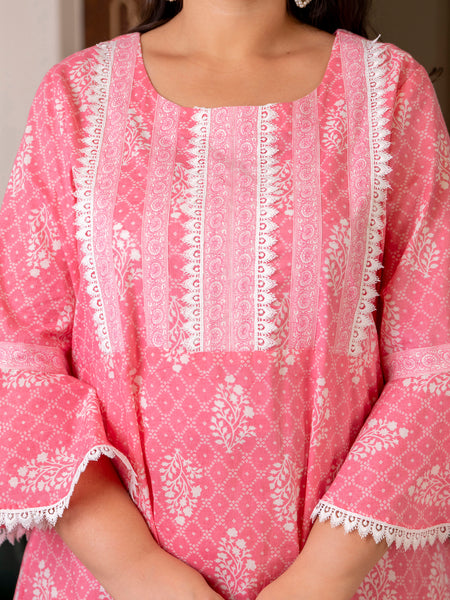 Cotton Printed Calf-Length Dress with Three Quarter Sleeves (Plus Size)