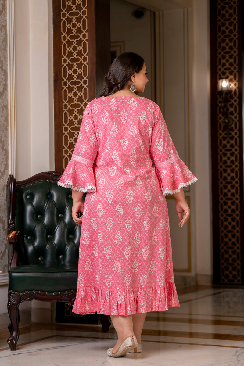 Cotton Printed Calf-Length Dress with Three Quarter Sleeves (Plus Size)
