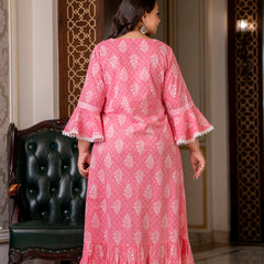 Cotton Printed Calf-Length Dress with Three Quarter Sleeves (Plus Size)