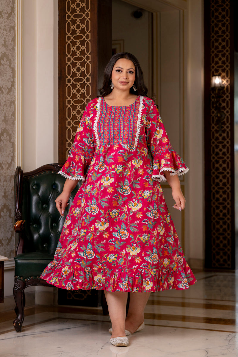 Cotton Printed Calf-Length Dress with Three Quarter Sleeves (Plus Size)