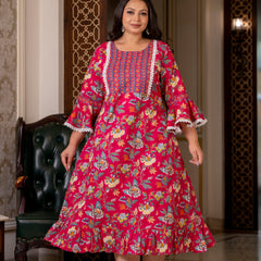 Cotton Printed Calf-Length Dress with Three Quarter Sleeves (Plus Size)