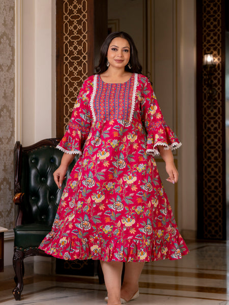 Cotton Printed Calf-Length Dress with Three Quarter Sleeves (Plus Size)