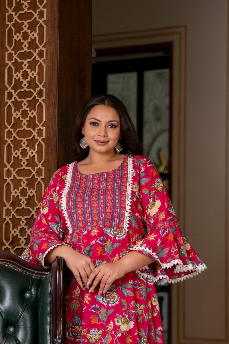 Cotton Printed Calf-Length Dress with Three Quarter Sleeves (Plus Size)