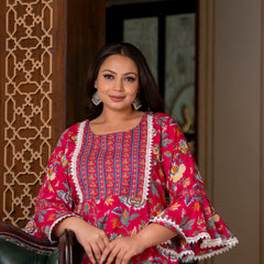 Cotton Printed Calf-Length Dress with Three Quarter Sleeves (Plus Size)