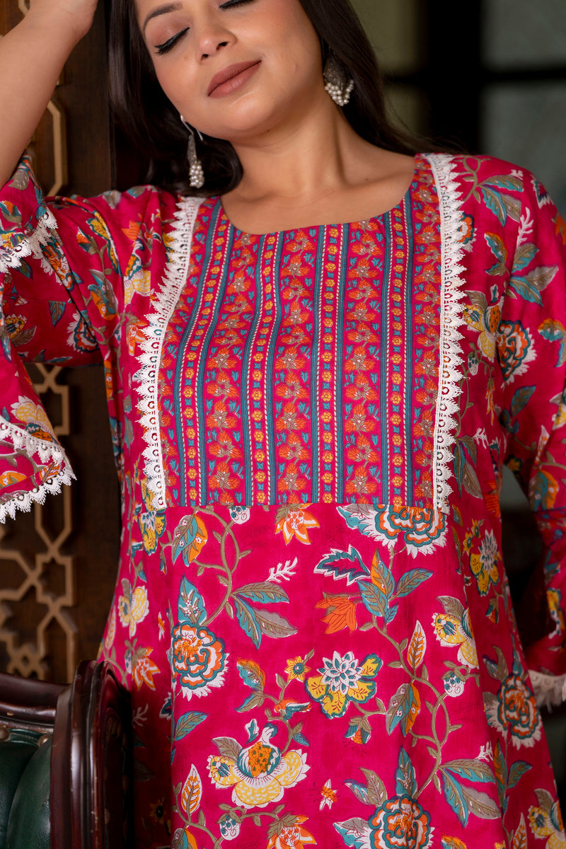 Cotton Printed Calf-Length Dress with Three Quarter Sleeves (Plus Size)