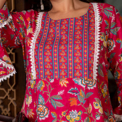 Cotton Printed Calf-Length Dress with Three Quarter Sleeves (Plus Size)