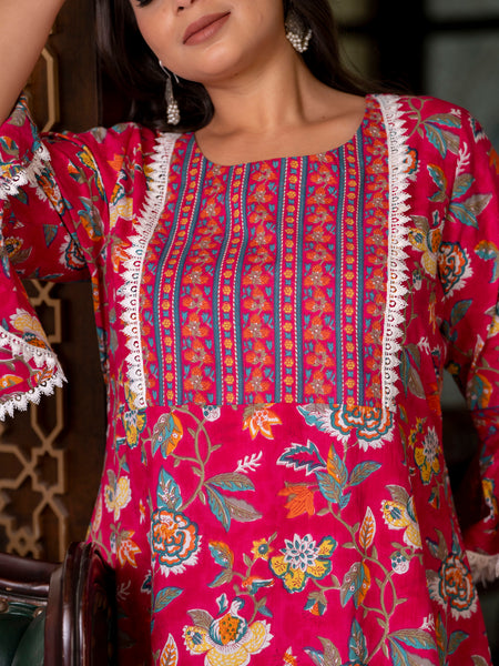 Cotton Printed Calf-Length Dress with Three Quarter Sleeves (Plus Size)