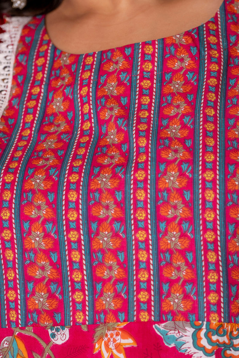 Cotton Printed Calf-Length Dress with Three Quarter Sleeves (Plus Size)