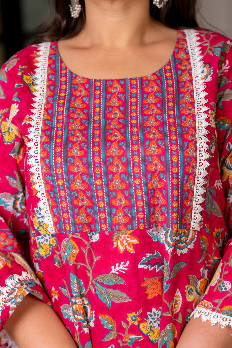 Cotton Printed Calf-Length Dress with Three Quarter Sleeves (Plus Size)