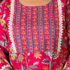 Cotton Printed Calf-Length Dress with Three Quarter Sleeves (Plus Size)