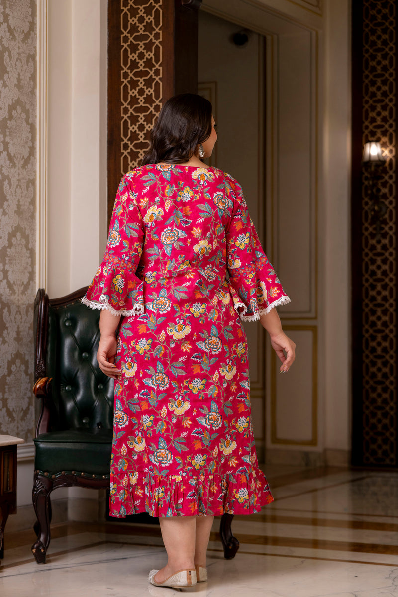 Cotton Printed Calf-Length Dress with Three Quarter Sleeves (Plus Size)