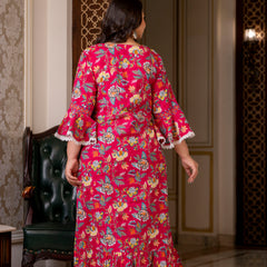 Cotton Printed Calf-Length Dress with Three Quarter Sleeves (Plus Size)