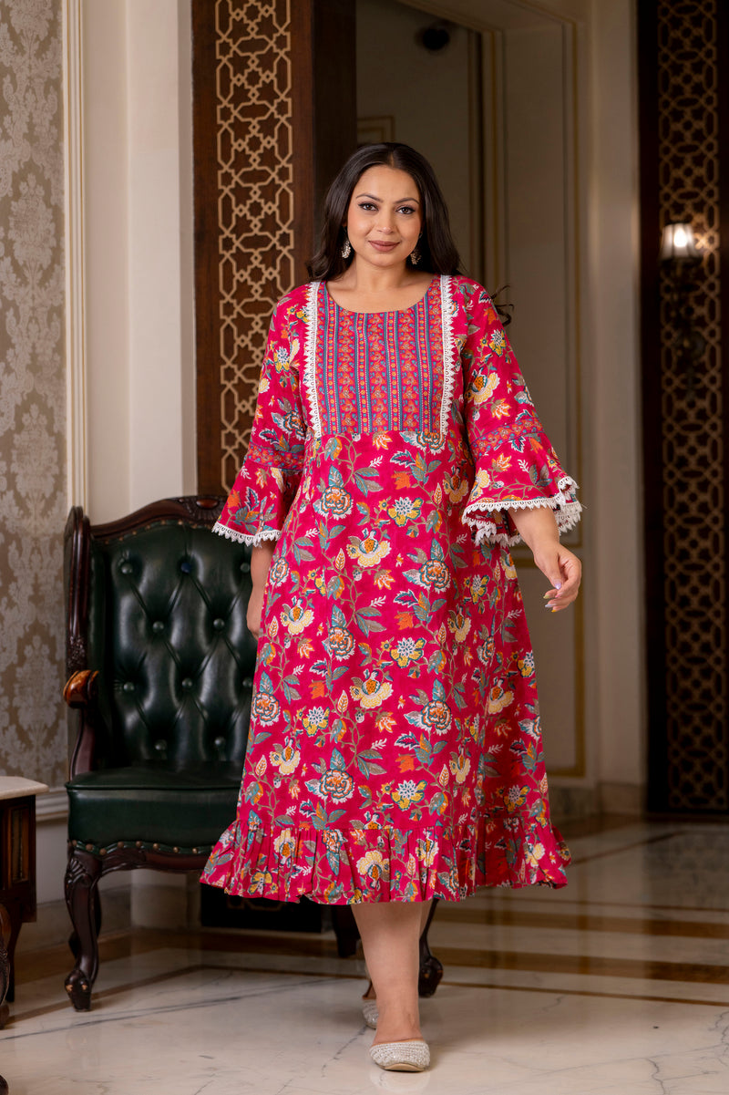 Cotton Printed Calf-Length Dress with Three Quarter Sleeves (Plus Size)