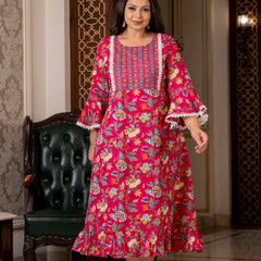 Cotton Printed Calf-Length Dress with Three Quarter Sleeves (Plus Size)