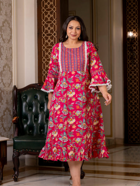 Cotton Printed Calf-Length Dress with Three Quarter Sleeves (Plus Size)