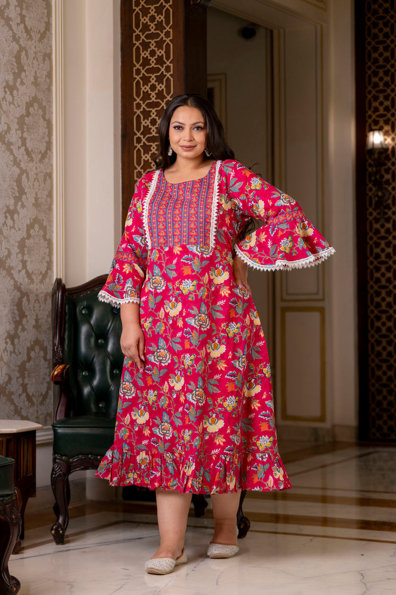 Cotton Printed Calf-Length Dress with Three Quarter Sleeves (Plus Size)