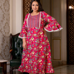 Cotton Printed Calf-Length Dress with Three Quarter Sleeves (Plus Size)